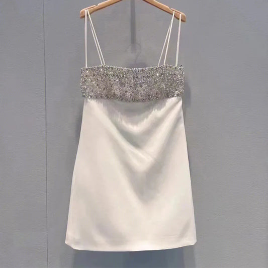 Glamorous Silver Beaded Spaghetti Straps White Satin A-Line Homecoming Mini Dress AS760
