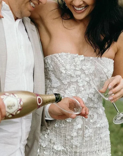 Romantic White Floral Pearl Fringe Strapless Bodycon Short Wedding Dresses AE089