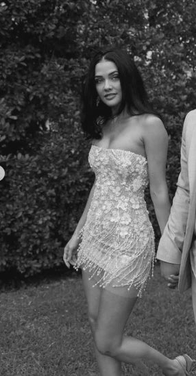Romantic White Floral Pearl Fringe Strapless Bodycon Short Wedding Dresses AE089