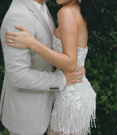 Romantic White Floral Pearl Fringe Strapless Bodycon Short Wedding Dresses AE089
