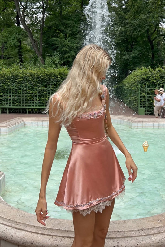 Cute Dusty Peach Satin Square Neck Straps Floral Applique Lace Hem A Line Mini Homecoming Dress AS773