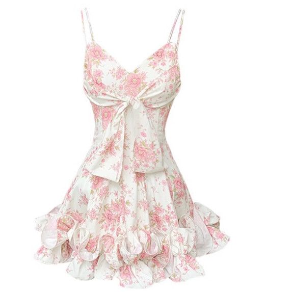Vintage Pink Flower Printed Spaghetti Straps Front Bow Ruffled Hem A Line Short Homecoming Dress AS774