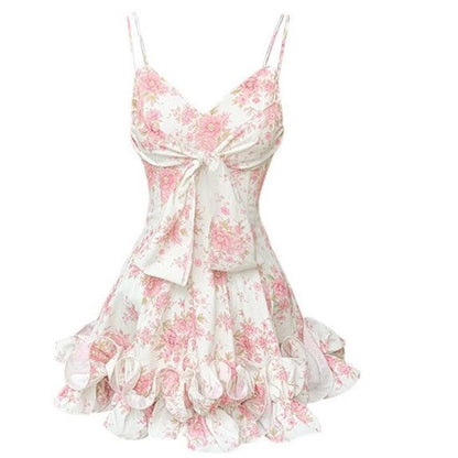 Vintage Pink Flower Printed Spaghetti Straps Front Bow Ruffled Hem A Line Short Homecoming Dress AS774