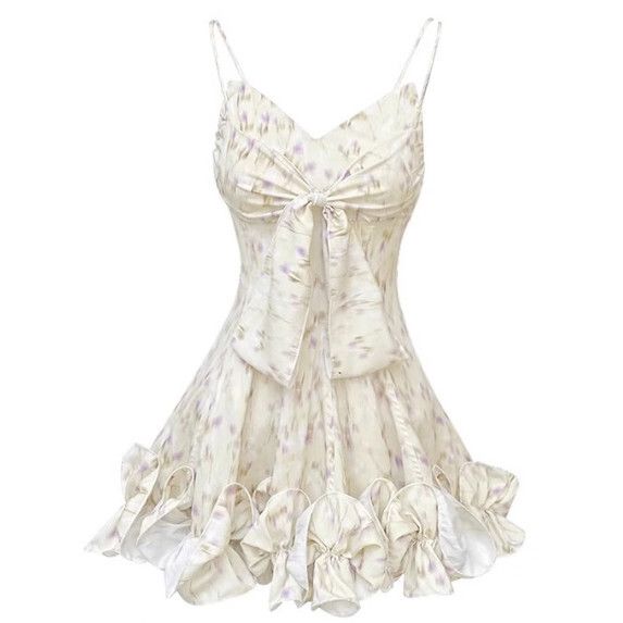 Vintage Pink Flower Printed Spaghetti Straps Front Bow Ruffled Hem A Line Short Homecoming Dress AS774