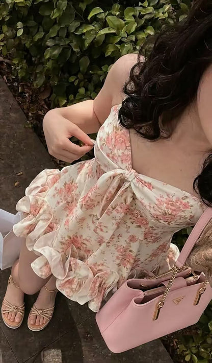 Vintage Pink Flower Printed Spaghetti Straps Front Bow Ruffled Hem A Line Short Homecoming Dress AS774