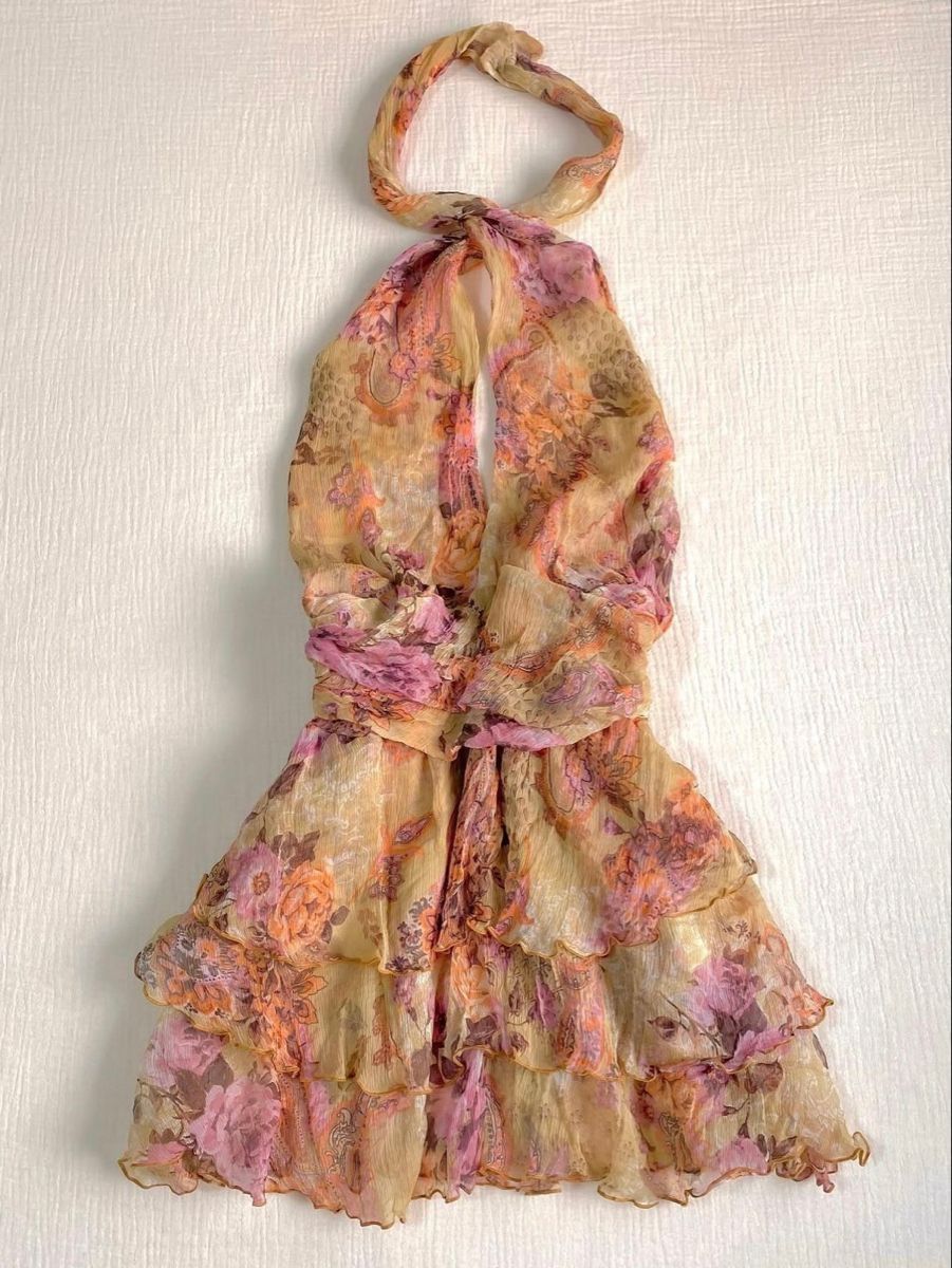 Romantic Sheer Chiffon Dusty Floral V Neck Halter Three Tier Ruffle A Line Mini Homecoming Dress AS775