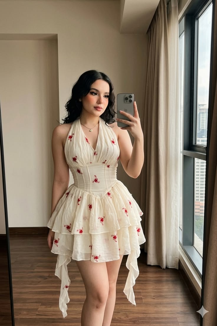 Romantic Ivory Red Flower Halter Deep V Double Ruffle Irregular Streamer A Line Mini Homecoming Dress AS776