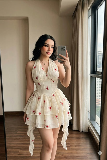 Romantic Ivory Red Flower Halter Deep V Double Ruffle Irregular Streamer A Line Mini Homecoming Dress AS776