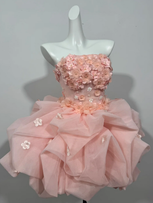Dreamy Dusty Pink Strapless 3D Floral Pearl Applique Irregular Bubble Tulle Mini Homecoming Dress AS777