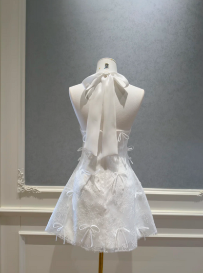 Sweet White Lace Halter Big Back Bow Allover Mini Bow Detail A Line Short Homecoming Dress AS778