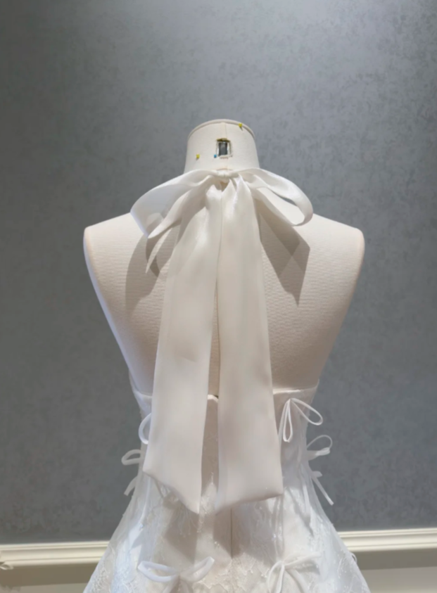 Sweet White Lace Halter Big Back Bow Allover Mini Bow Detail A Line Short Homecoming Dress AS778