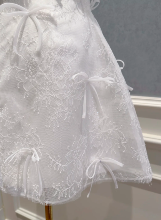 Sweet White Lace Halter Big Back Bow Allover Mini Bow Detail A Line Short Homecoming Dress AS778