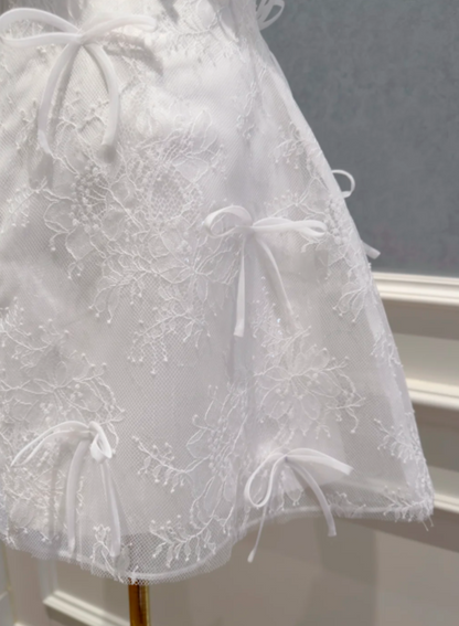Sweet White Lace Halter Big Back Bow Allover Mini Bow Detail A Line Short Homecoming Dress AS778