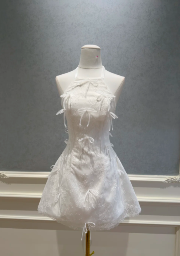 Sweet White Lace Halter Big Back Bow Allover Mini Bow Detail A Line Short Homecoming Dress AS778