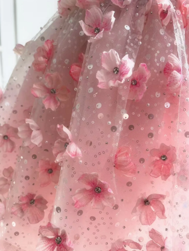 Romantic Pink Strapless Allover 3D Floral Appliqué Sparkle Tulle A Line Short Homecoming Dress AS779