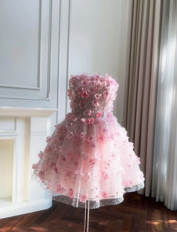 Romantic Pink Strapless Allover 3D Floral Appliqué Sparkle Tulle A Line Short Homecoming Dress AS779