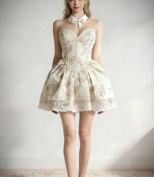 Chic Cream Vintage Pink Floral Spaghetti Straps Sweetheart Corset Short A Line Homecoming Dress AS780
