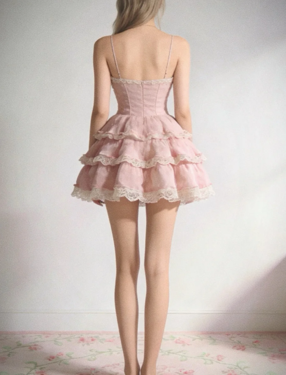 Sweet Soft Pink Spaghetti Straps Sweetheart Lace Trim Three Tier Ruffle A Line Mini Homecoming Dress AS781