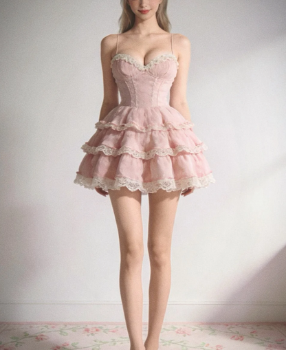 Sweet Soft Pink Spaghetti Straps Sweetheart Lace Trim Three Tier Ruffle A Line Mini Homecoming Dress AS781