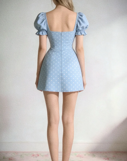 Cute Light Blue White Polka Dot Sweetheart Puff Short Sleeve Front Big Bow A Line Mini Homecoming Dress AS782