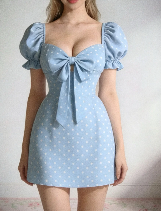 Cute Light Blue White Polka Dot Sweetheart Puff Short Sleeve Front Big Bow A Line Mini Homecoming Dress AS782