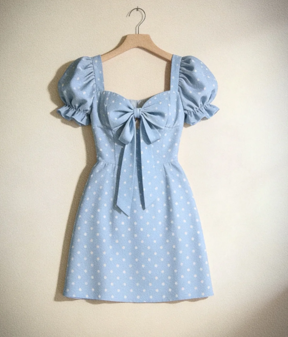 Cute Light Blue White Polka Dot Sweetheart Puff Short Sleeve Front Big Bow A Line Mini Homecoming Dress AS782