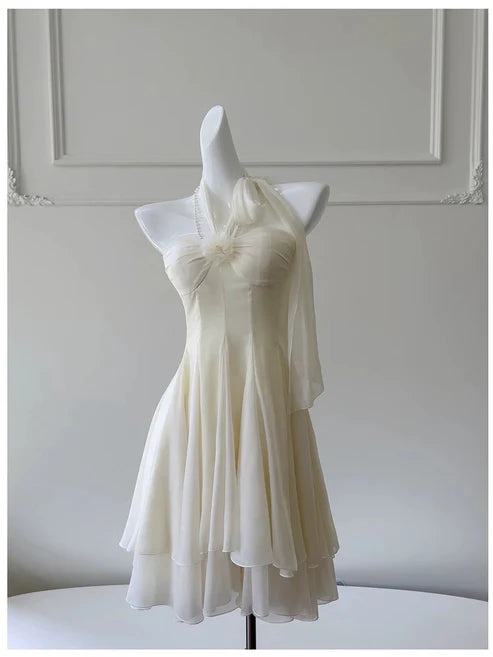 Ethereal Cream Ivory Halter Tie Big Bow Pearl String Detail Chiffon A Line Short Homecoming Dress AS783