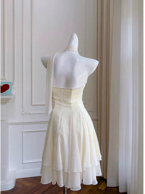 Ethereal Cream Ivory Halter Tie Big Bow Pearl String Detail Chiffon A Line Short Homecoming Dress AS783