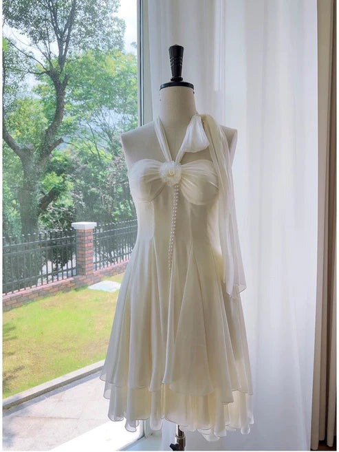 Ethereal Cream Ivory Halter Tie Big Bow Pearl String Detail Chiffon A Line Short Homecoming Dress AS783