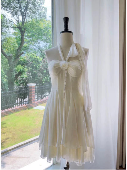 Ethereal Cream Ivory Halter Tie Big Bow Pearl String Detail Chiffon A Line Short Homecoming Dress AS783