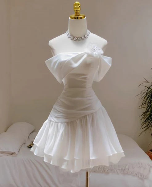Chic White Off Shoulder Ruched Bodice Floral Accent Layer Chiffon Ruffle A line Short Homecoming Dress AS784