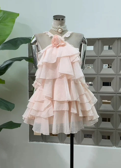 Sweet Blush Pink Halter Neck Big 3D Rose Tier Ruffle Chiffon A Line Mini Homecoming Dress AS785