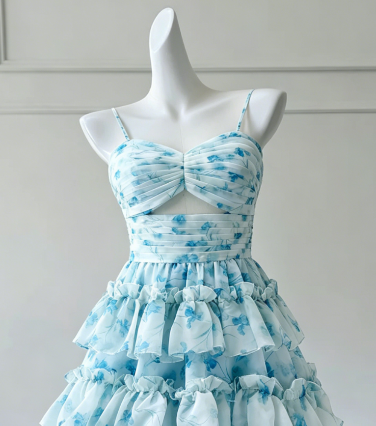 Chic Light Blue Floral Print Spaghetti Straps Sweetheart Cutout Tiered Ruffle A Line Short Homecoming Dress AS786