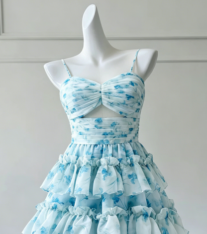 Chic Light Blue Floral Print Spaghetti Straps Sweetheart Cutout Tiered Ruffle A Line Short Homecoming Dress AS786