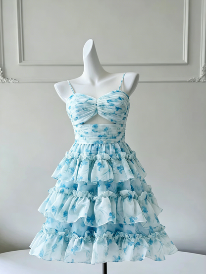 Chic Light Blue Floral Print Spaghetti Straps Sweetheart Cutout Tiered Ruffle A Line Short Homecoming Dress AS786