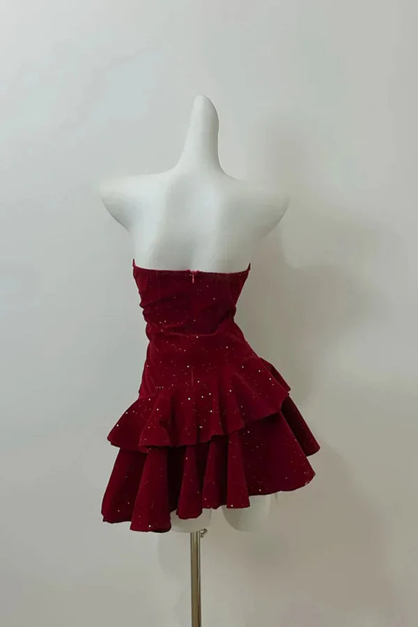 Glamour Burgundy Red Strapless Velvet Glitter Tiered Ruffle A Line Short Homecoming Dress AS787