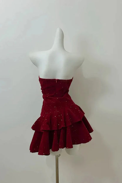 Glamour Burgundy Red Strapless Velvet Glitter Tiered Ruffle A Line Short Homecoming Dress AS787