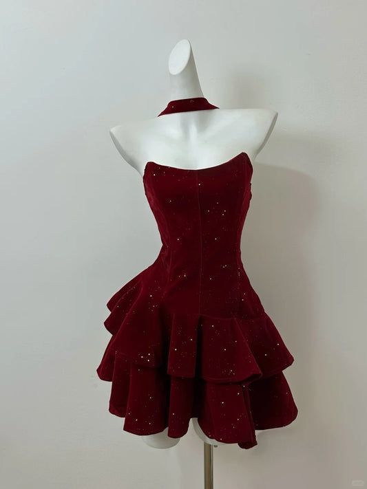 Glamour Burgundy Red Strapless Velvet Glitter Tiered Ruffle A Line Short Homecoming Dress AS787