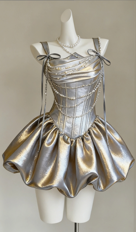 Opulent Metallic Silver Straps Corset Draped Bust A Line Skirt Mini Dress With Pearl Chains & Ribbon Bows AS788