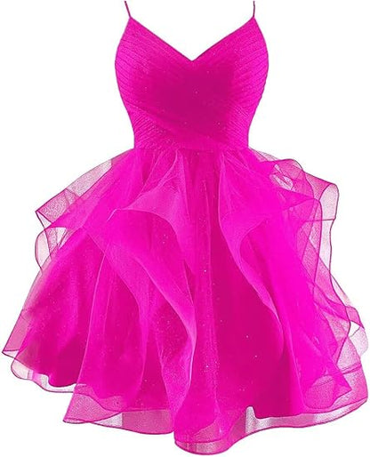 Enchanting Deep Purple Glitter Tulle Spaghetti Straps Tiered Ruffle A Line Short Homecoming Dress AS789