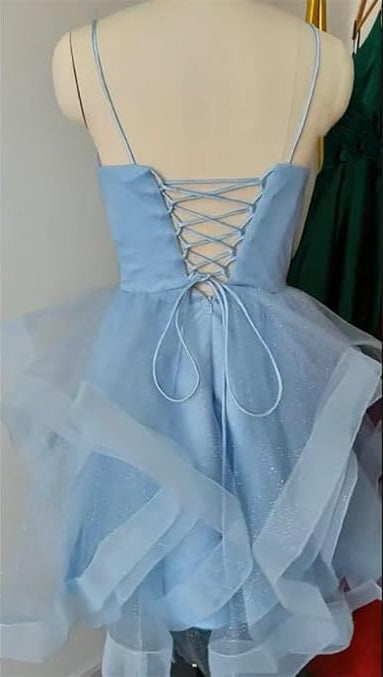 Enchanting Deep Purple Glitter Tulle Spaghetti Straps Tiered Ruffle A Line Short Homecoming Dress AS789