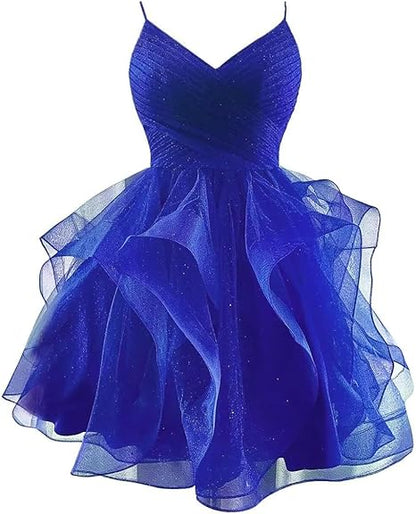 Enchanting Deep Purple Glitter Tulle Spaghetti Straps Tiered Ruffle A Line Short Homecoming Dress AS789