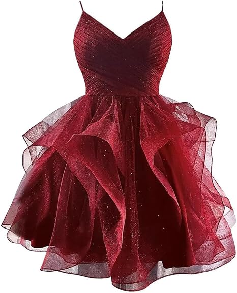 Enchanting Deep Purple Glitter Tulle Spaghetti Straps Tiered Ruffle A Line Short Homecoming Dress AS789
