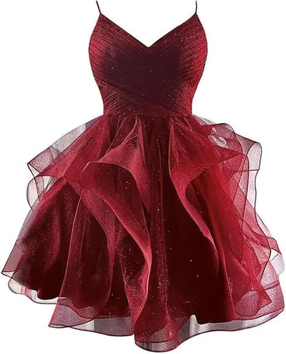 Enchanting Deep Purple Glitter Tulle Spaghetti Straps Tiered Ruffle A Line Short Homecoming Dress AS789