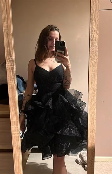 Enchanting Deep Purple Glitter Tulle Spaghetti Straps Tiered Ruffle A Line Short Homecoming Dress AS789
