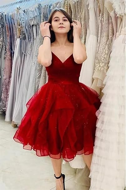 Enchanting Deep Purple Glitter Tulle Spaghetti Straps Tiered Ruffle A Line Short Homecoming Dress AS789