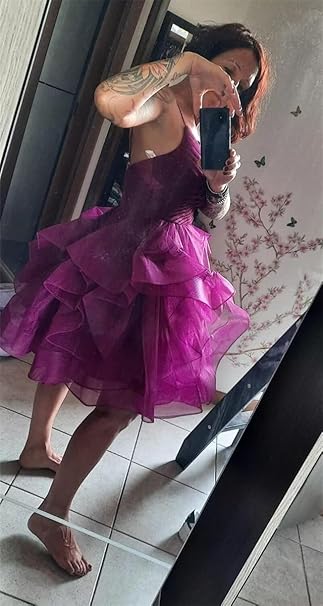 Enchanting Deep Purple Glitter Tulle Spaghetti Straps Tiered Ruffle A Line Short Homecoming Dress AS789