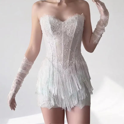 Delicate White Strapless Sweetheart Lace Corset Beaded Fringe Bodycon Mini Homecoming Dress AS791
