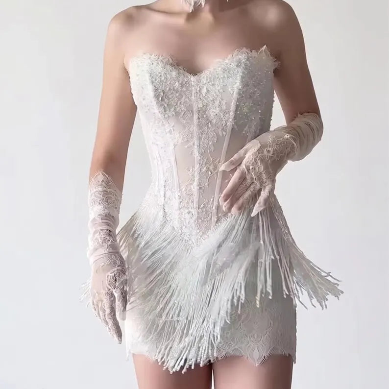Delicate White Strapless Sweetheart Lace Corset Beaded Fringe Bodycon Mini Homecoming Dress AS791