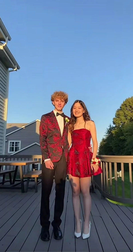 Glam Burgundy Strapless Jacquard Satin A-Line Short Homecoming Dress AS798